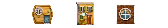 Três ilustrações de fachadas do Tower Rush: casa hexagonal de madeira, prédio amarelo com varal e parede de tijolos com janela circular — estilo cartoon