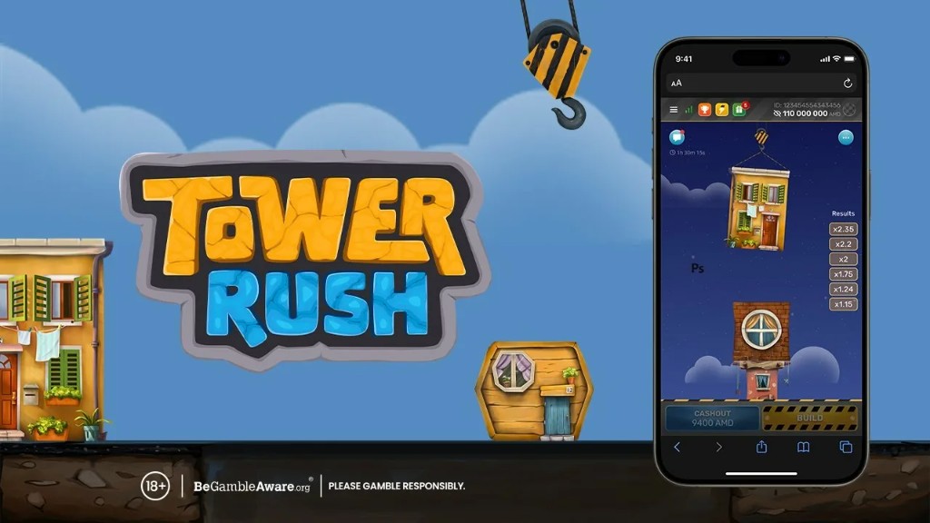 Tower Rush — banner mobile com logo e gameplay no celular
